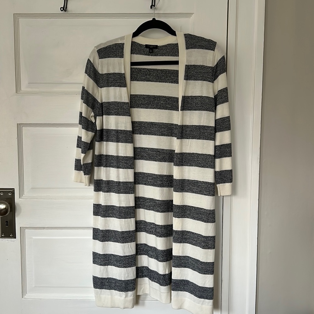 Gently Worn Talbots Long Navy and Cream Striped Cardigan